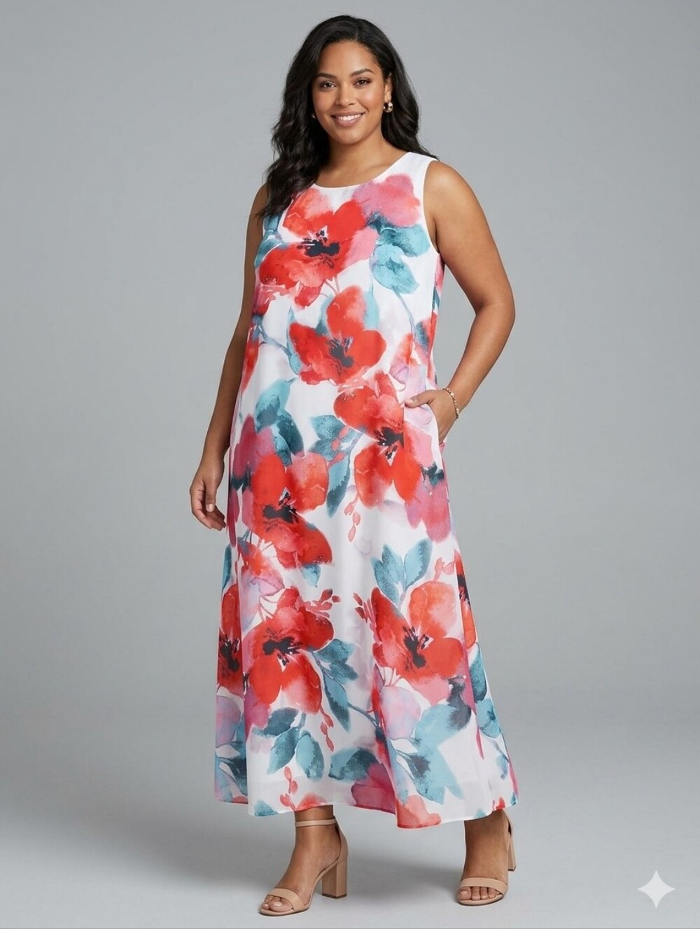 Catherines White Maxi Dress with Red & Teal Floral Print